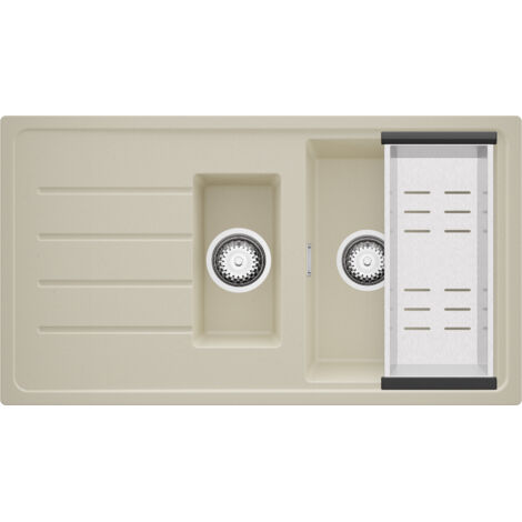 PRIMAGRAN Evier Cuisine en Granit 90x50cm,Lavabo 1,5 bacs + Kit de Vidage, Évier à Encastrer au Meuble 60cm - Copenhague Duo, Beige (1/5)