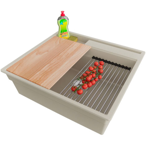 PRIMAGRAN Evier Cuisine en Granit 58x53cm,Lavabo 1 bac + Kit de Vidage + Accessoires, Évier à Encastrer au meuble 60cm - Oslo Pocket, Beige (1/5)