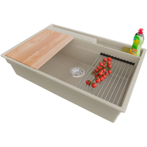 PRIMAGRAN Evier Cuisine en Granit 78x53cm,Lavabo 1 bac + Kit de Vidage + Accessoires, Évier à Encastrer au meuble 80cm - Oslo Pocket, Beige