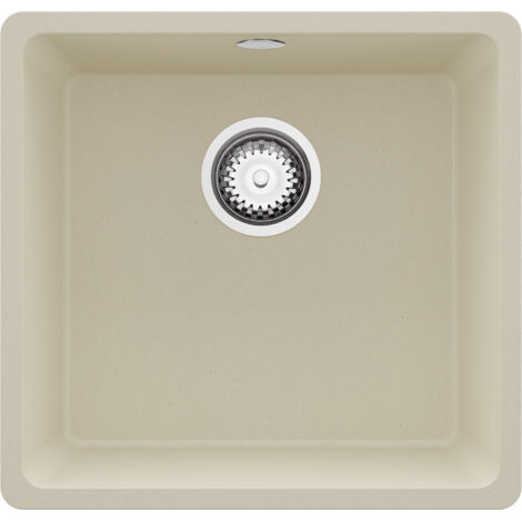 PRIMAGRAN Evier Cuisine en Granit 46x44cm,Lavabo 1 bac + Kit de Vidage, Évier à Encastrer au meuble 50cm - Venise Slim Easy, Beige (1/5)