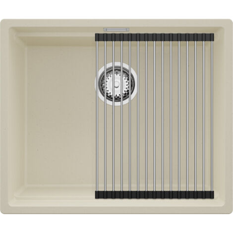 PRIMAGRAN Evier Cuisine en Granit 56x47cm,Lavabo 1 bac + Kit de Vidage + Égouttoir Enroulable, Évier à Encastrer au meuble 60cm - Prague Slim, Beige (1/5)