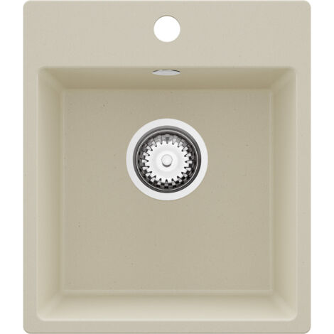 PRIMAGRAN Evier Cuisine en Granit 38x44cm,Lavabo 1 bac + Kit de Vidage, Évier à Encastrer au meuble 40cm - Riga Easy, Beige (1/5)