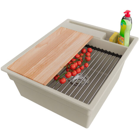 PRIMAGRAN Evier Cuisine en Granit 43x53cm,Lavabo 1 bac + Kit de Vidage + Accessoires, Évier à Encastrer au meuble 45cm - Oslo Pocket, Beige (1/5)