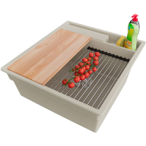 PRIMAGRAN Evier Cuisine en Granit 48x53cm,Lavabo 1 bac + Kit de Vidage + Accessoires, Évier à Encastrer au meuble 50cm - Oslo Pocket, Beige (1/5)