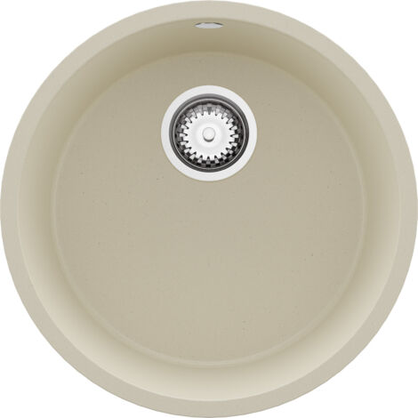 PRIMAGRAN Evier cuisine Granit Rond 46x46cm,Evier 1 bac + Kit de Vidage, Lavabo Cuisine au meuble 50cm - La Valette Slim, Beige (1/5)