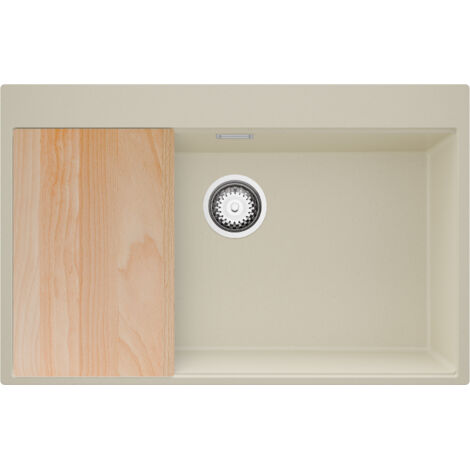PRIMAGRAN Evier Cuisine en Granit 78x50cm,Lavabo 1 bac + Kit de Vidage + Planche à Découper, Évier à Encastrer au meuble 80cm - Oslo, Beige (1/5)