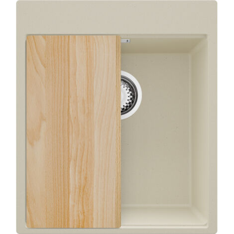 PRIMAGRAN Evier Cuisine en Granit 43x50cm,Lavabo 1 bac + Kit de Vidage + Planche à Découper, Évier à Encastrer au meuble 45cm - Oslo, Beige (1/5)