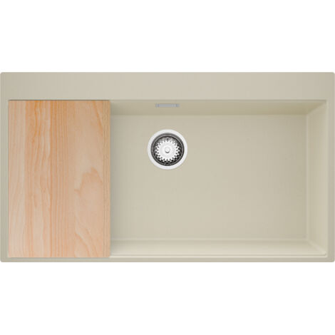 PRIMAGRAN Evier Cuisine en Granit 88x50cm,Lavabo 1 bac + Kit de Vidage + Planche à Découper, Évier à Encastrer au meuble 90cm - Oslo, Beige (1/5)