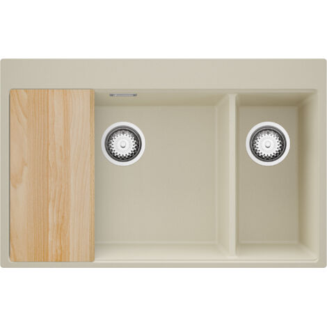 PRIMAGRAN Evier Cuisine en Granit 78x50cm,Lavabo 2 bacs + Kit de Vidage + Planche à Découper, Évier à Encastrer au meuble 80cm - Oslo Duo, Beige (1/5)
