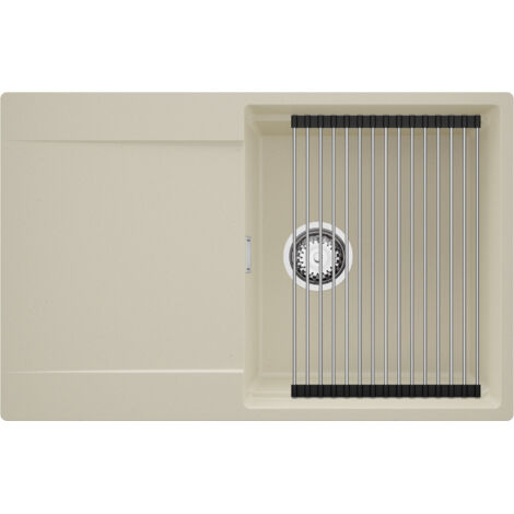PRIMAGRAN Evier Cuisine en Granit 78x50cm,Lavabo 1 bac + Kit de Vidage + Égouttoir Enroulable, Évier à Encastrer au meuble 50cm - San Francisco, Beige (1/5)