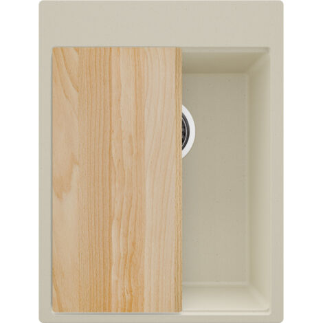 PRIMAGRAN Evier Cuisine en Granit 38x50cm,Lavabo 1 bac + Kit de Vidage + Planche à Découper, Évier à Encastrer au meuble 40cm - Oslo, Beige (1/5)