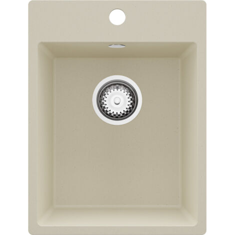 PRIMAGRAN Evier Cuisine en Granit 38x50cm,Lavabo 1 bac + Kit de Vidage, Évier à Encastrer au meuble 40cm - Riga, Beige (1/5)