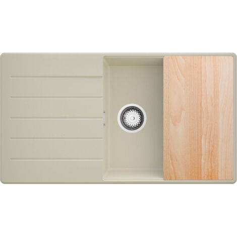 PRIMAGRAN Evier Cuisine en Granit 90x50cm,Lavabo 1 bac + Kit de Vidage + Planche à Découper, Évier à Encastrer au meuble 60cm - Copenhague, Beige