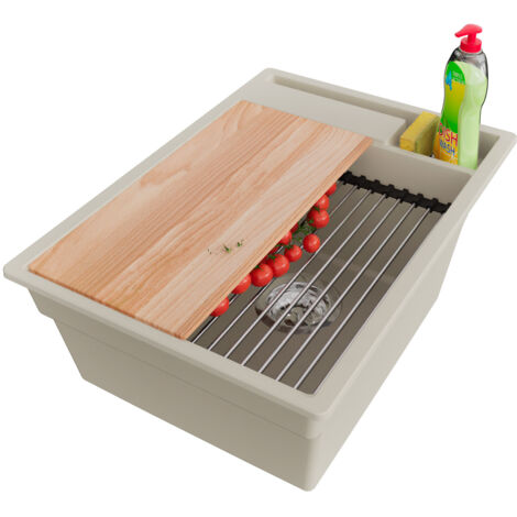 PRIMAGRAN Evier Cuisine en Granit 38x53cm,Lavabo 1 bac + Kit de Vidage + Accessoires, Évier à Encastrer au meuble 40cm - Oslo Pocket, Beige (1/5)