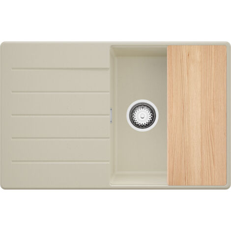 PRIMAGRAN Evier Cuisine en Granit 78x50cm,Lavabo 1 bac + Kit de Vidage + Planche à Découper, Évier à Encastrer au meuble 50cm - Copenhague, Beige (1/5)