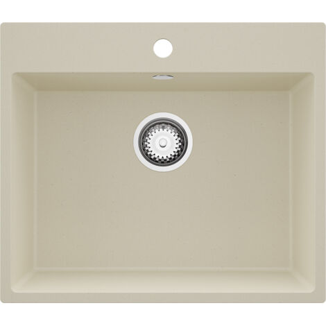 PRIMAGRAN Evier Cuisine en Granit 58x50cm,Lavabo 1 bac + Kit de Vidage, Évier à Encastrer au meuble 60cm - Riga, Beige