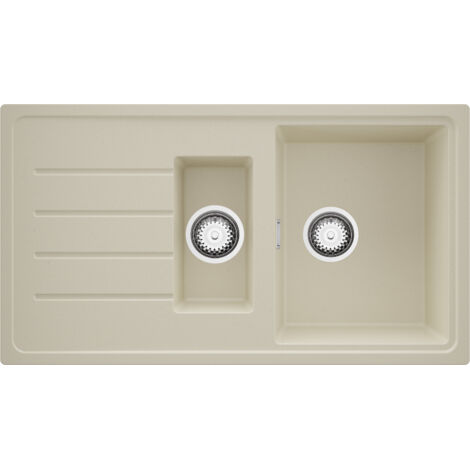 PRIMAGRAN Evier Cuisine en Granit 90x50cm,Lavabo 1,5 bacs + Kit de Vidage, Évier à Encastrer au meuble 60cm - Copenhague Duo, Beige