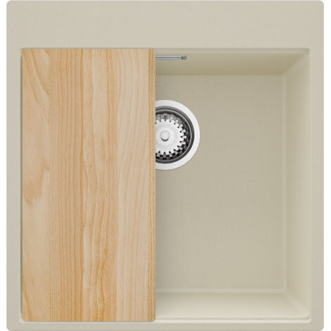 PRIMAGRAN Evier Cuisine en Granit 48x50cm,Lavabo 1 bac + Kit de Vidage + Planche à Découper, Évier à Encastrer au meuble 50cm - Oslo, Beige (1/5)