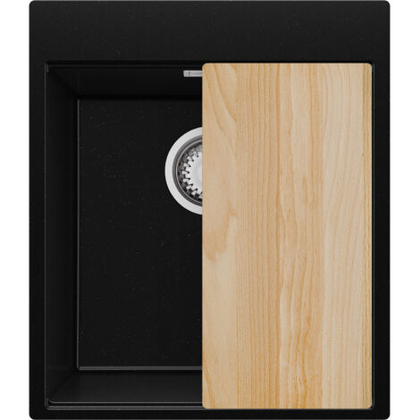PRIMAGRAN Evier Cuisine en Granit 43x50cm,Lavabo 1 bac + Kit de Vidage + Planche à Découper, Évier à Encastrer au meuble 45cm - Oslo, Noir Métallisé (1/5)