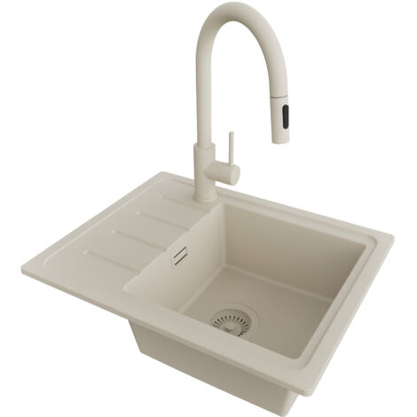 PRIMAGRAN Evier Cuisine en Granit 55x44cm,Lavabo 1 bac + Robinet 40x20cm + Kit de Vidage, Évier à Encastrer au meuble 45cm - Copenhague Easy, Beige (1/5)