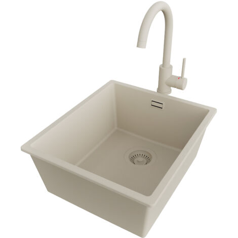 PRIMAGRAN Evier Cuisine en Granit 41x47cm,Lavabo 1 bac + Robinet 32x20cm + Kit de Vidage, Évier à Encastrer au meuble 45cm - London Slim, Beige (1/5)