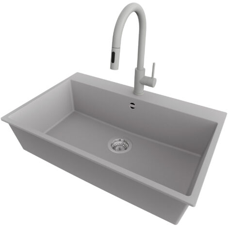 PRIMAGRAN Evier Cuisine en Granit 78x50cm,Lavabo 1 bac + Robinet 40x20cm + Kit de Vidage, Évier à Encastrer au meuble 80cm - Riga, Gris (1/5)