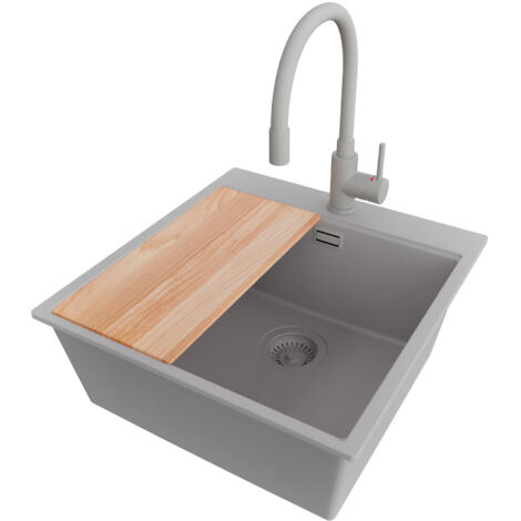 PRIMAGRAN Evier Cuisine en Granit 48x50cm,Lavabo 1 bac + Robinet 38x14cm + Kit de Vidage + Planche à Découper, Évier à Encastrer au meuble 50cm - Oslo, Gris (1/5)