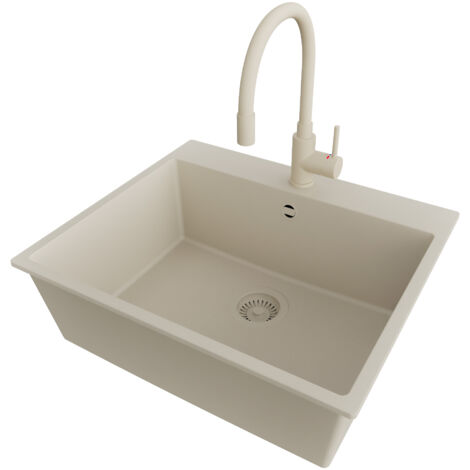 PRIMAGRAN Evier Cuisine en Granit 58x50cm,Lavabo 1 bac + Robinet 38x14cm + Kit de Vidage, Évier à Encastrer au meuble 60cm - Riga, Beige
