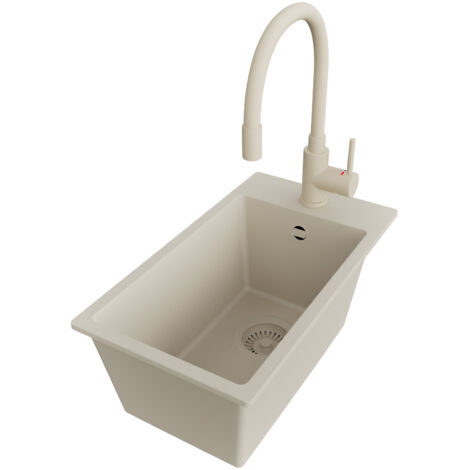 PRIMAGRAN Evier Cuisine en Granit 28x50cm,Lavabo 1 bac + Robinet 38x14cm + Kit de Vidage, Évier à Encastrer au meuble 30cm - Riga, Beige (1/5)