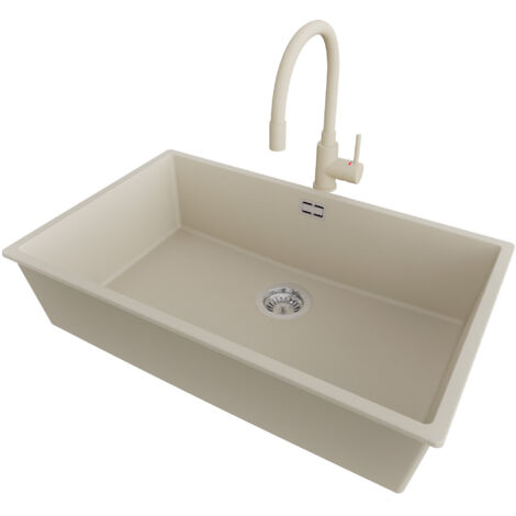 PRIMAGRAN Evier Cuisine en Granit 76x47cm,Lavabo 1 bac + Robinet 38x14cm + Kit de Vidage, Évier à Encastrer au meuble 80cm - London Slim, Beige