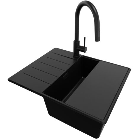PRIMAGRAN Evier Cuisine en Granit 62x50cm, Lavabo 1 bac + Kit de Vidage + Accessoire, Évier à Encastrer au meuble 45cm - Copenhague, Tout Noir (1/5)