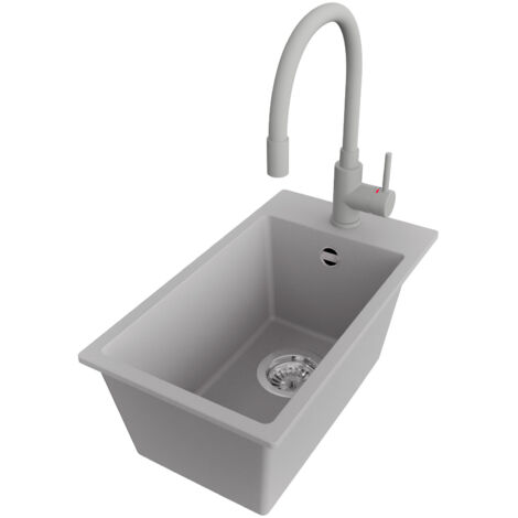 PRIMAGRAN Evier Cuisine en Granit 28x50cm,Lavabo 1 bac + Robinet 38x14cm + Kit de Vidage, Évier à Encastrer au meuble 30cm - Riga, Gris (1/5)