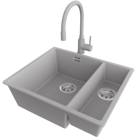 PRIMAGRAN Evier Cuisine en Granit 56x47cm,Lavabo 1,5 bacs + Robinet 38x14cm + Kit de Vidage, Évier à Encastrer au meuble 60cm - London Slim Duo, Gris (1/5)