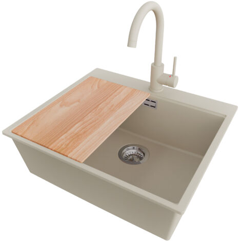PRIMAGRAN Evier Cuisine en Granit 58x50cm,Lavabo 1 bac + Robinet 32x20cm + Kit de Vidage + Planche à Découper, Évier à Encastrer au meuble 60cm - Oslo, Beige (1/5)