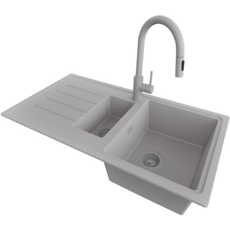 PRIMAGRAN Evier Cuisine en Granit 90x50cm,Lavabo 1,5 bacs + Robinet 40x20cm + Kit de Vidage, Évier à Encastrer au meuble 60cm - Copenhague Duo, Gris (1/5)
