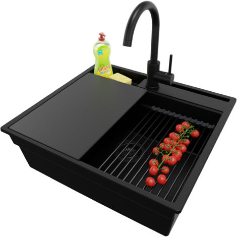 PRIMAGRAN Evier Cuisine en Granit 58x53cm, Lavabo 1 bac + Kit de Vidage + Accessoire, Évier à Encastrer au meuble 60cm - Oslo Pocket, Tout Noir (1/5)
