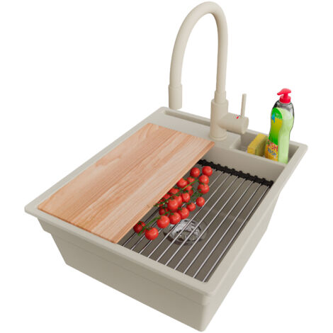 PRIMAGRAN Evier Cuisine en Granit 43x53cm,Lavabo 1 bac + Robinet 38x14cm + Kit de Vidage + Accessoires, Évier à Encastrer au meuble 45cm - Oslo Pocket, Beige (1/5)