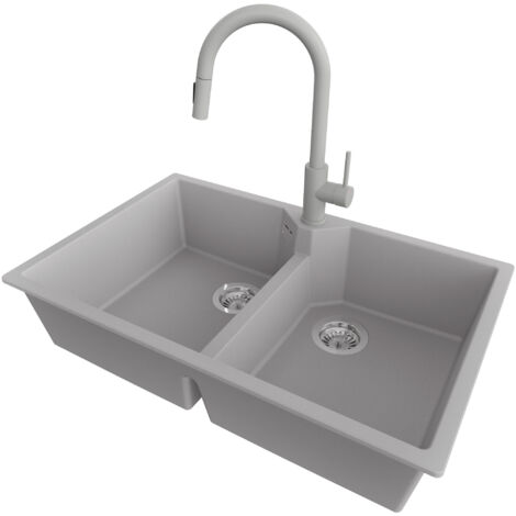 PRIMAGRAN Evier Cuisine en Granit 78x50cm,Lavabo 2 bacs + Robinet 40x20cm + Kit de Vidage, Évier à Encastrer au meuble 80cm - Madrid Twin, Gris (1/5)