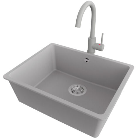 PRIMAGRAN Evier Sous Plan 56x44cm,Evier en Granit 1 bac + Robinet 32x20cm + Kit de Vidage, Évier au meuble 60cm - Venise Easy, Gris (1/5)