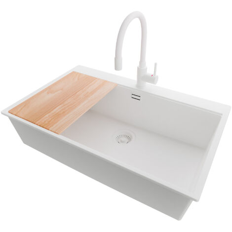 PRIMAGRAN Evier Cuisine en Granit 78x50cm, Lavabo 1 bac + Robinet 38x14cm + Kit de Vidage + Accessoire, Évier à Encastrer au meuble 80cm - Oslo, Tout Blanc (1/5)