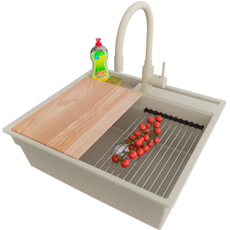 PRIMAGRAN Evier Cuisine en Granit 58x53cm,Lavabo 1 bac + Robinet 38x14cm + Kit de Vidage + Accessoires, Évier à Encastrer au meuble 60cm - Oslo Pocket, Beige (1/5)