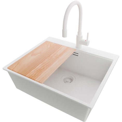 PRIMAGRAN Evier Cuisine en Granit 58x50cm, Lavabo 1 bac + Robinet 38x14cm + Kit de Vidage + Accessoire, Évier à Encastrer au meuble 60cm - Oslo, Tout Blanc (1/5)