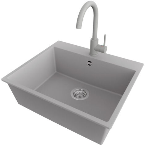 PRIMAGRAN Evier Cuisine en Granit 58x50cm,Lavabo 1 bac + Robinet 32x20cm + Kit de Vidage, Évier à Encastrer au meuble 60cm - Riga, Gris (1/5)