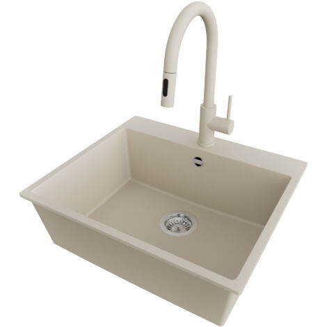 PRIMAGRAN Evier Cuisine en Granit 58x50cm,Lavabo 1 bac + Robinet 40x20cm + Kit de Vidage, Évier à Encastrer au meuble 60cm - Riga, Beige (1/5)