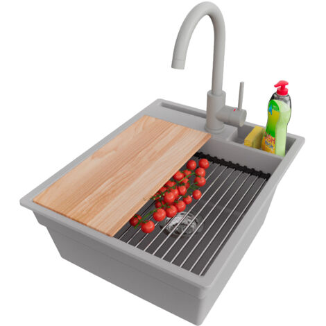 PRIMAGRAN Evier Cuisine en Granit 43x53cm,Lavabo 1 bac + Robinet 32x20cm + Kit de Vidage + Accessoires, Évier à Encastrer au meuble 45cm - Oslo Pocket, Gris (1/5)