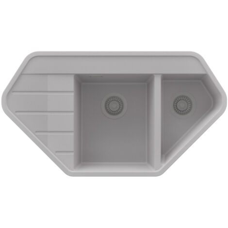 PRIMAGRAN Evier d'angle en Granit 90x50cm,Lavabo Cuisine 1,5 bacs + Kit de Vidage, Évier à Encastrer au meuble 70cm - Copenhague Corner, Gris (1/5)