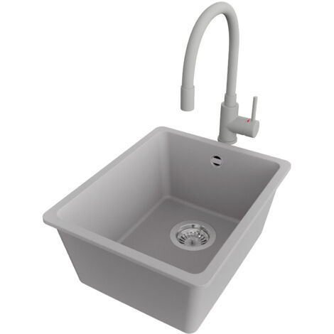 PRIMAGRAN Evier Cuisine en Granit 36x44cm,Lavabo 1 bac + Robinet 38x14cm + Kit de Vidage, Évier à Encastrer au meuble 40cm - Venise Slim Easy, Gris (1/5)