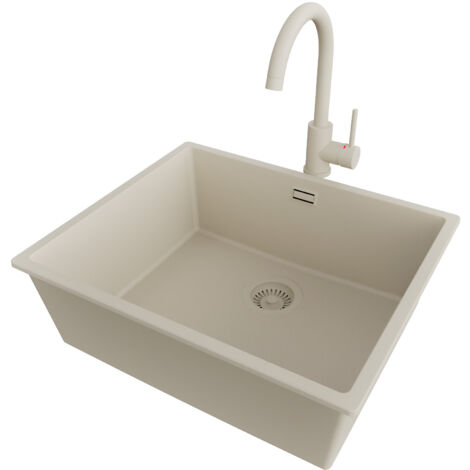 PRIMAGRAN Evier Cuisine en Granit 56x47cm,Lavabo 1 bac + Robinet 32x20cm + Kit de Vidage, Évier à Encastrer au meuble 60cm - London Slim, Beige (1/5)