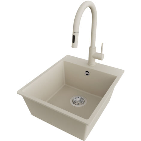 PRIMAGRAN Evier Cuisine en Granit 43x50cm,Lavabo 1 bac + Robinet 40x20cm + Kit de Vidage, Évier à Encastrer au meuble 45cm - Riga, Beige (1/5)