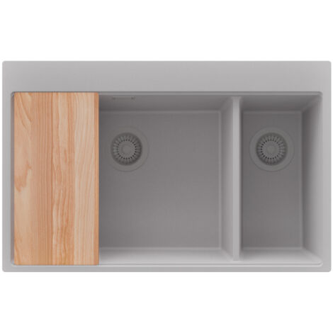 PRIMAGRAN Evier Cuisine en Granit 78x50cm,Lavabo 2 bacs + Kit de Vidage + Planche à Découper, Évier à Encastrer au meuble 80cm - Oslo Duo, Gris
